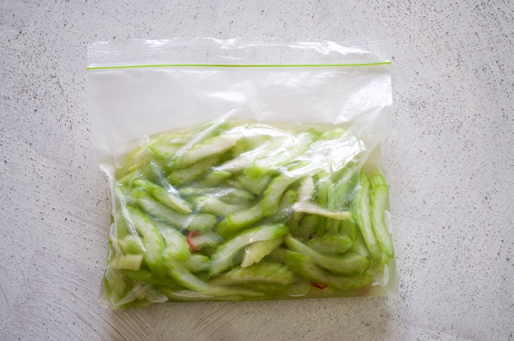 Sliced celery is simply marinated in salty water with a touch of citrus and chilli. Excellent side dish. Simple Pickled Celery is a great way of using up left over celery.