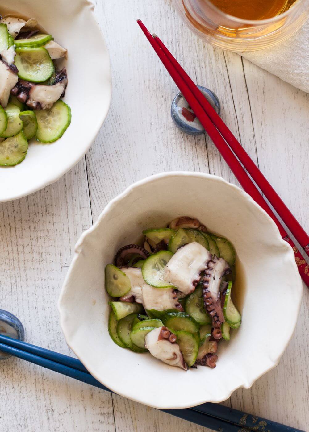 Octopus and cucumber sunomono is one of the regular Izakaya dishes. Boiling a whole octopus is quite simple and you can make this sunomono in no time. It tastes better when chilled.