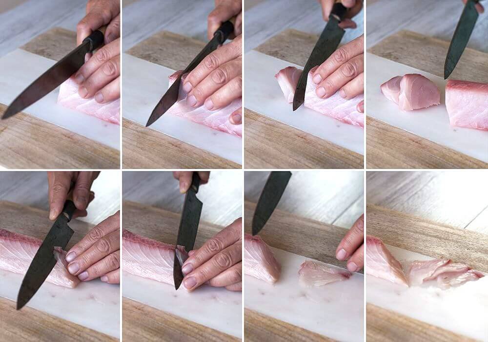 Sashimi is a simple dish – no cooking, just slicing. All you need is fresh fish, soy sauce and wasabi (Japanese horseradish). There are a couple of rules for slicing the fish fillet but once you get it, it’s so easy.