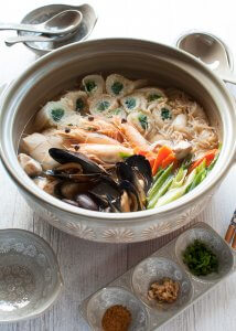 One of my favourite hot pots, yosenabe (寄せ鍋) is packed with seafood, chicken and vegetables. Unlike shabushabu, you don’t need dipping sauces because yosenabe is cooked in flavoured soup. You can cook it all on the stove and serve, or let people cook piece by piece at the table for entertainment.