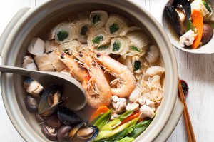 One of my favourite hot pots, yosenabe (寄せ鍋) is packed with seafood, chicken and vegetables. Unlike shabushabu, you don’t need dipping sauces because yosenabe is cooked in flavoured soup. You can cook it all on the stove and serve, or let people cook piece by piece at the table for entertainment.