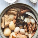 Oden is a kind of hot pot consisting of daikon, potatoes, eggs, Konbu (kelp), konnyaku, and different types of fish cakes, simmered in lightly flavoured soup stock.
