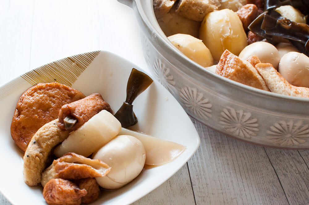 Oden is a kind of hot pot consisting of daikon, potatoes, eggs, Konbu (kelp), konnyaku, and different types of fish cakes, simmered in lightly flavoured soup stock. 
