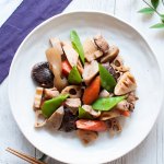 The flavour of Simmered Chicken and Vegetables, Chikuzenni, is a typical combination of dashi, soy sauce, mirin, sake and sugar but the ingredients are stir-fried first so the dish is much richer than other simmered dishes.