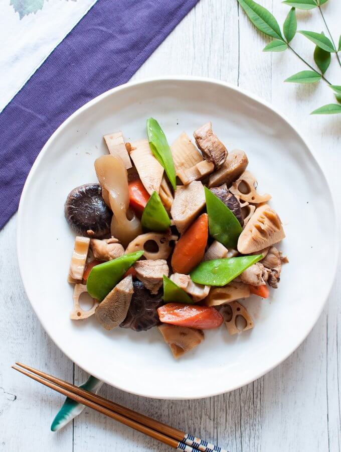 The flavour of Simmered Chicken and Vegetables, Chikuzenni, is a typical combination of dashi, soy sauce, mirin, sake and sugar but the ingredients are stir-fried first so the dish is much richer than other simmered dishes.