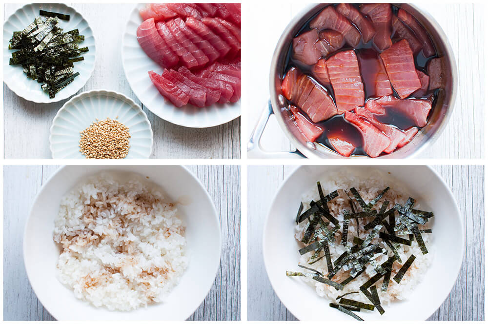Super easy meal with sashimi quality tuna is one of my favourites. Maguro no Zuke-don (Marinated Tuna on Rice) requires no cooking. Just marinate tuna slices and place them on the cooked rice, topped with garnish.