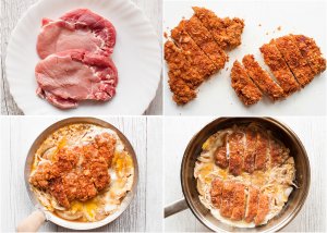 Katsu-don (カツ丼), is a very filling main dish. A bowl of rice topped with tonkatsu (deep fried crumbed pork cutlet), onion and beaten egg, cooked in dashi with sweet soy sauce.