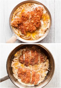 Katsu-don (カツ丼), is a very filling main dish. A bowl of rice topped with tonkatsu (deep fried crumbed pork cutlet), onion and beaten egg, cooked in dashi with sweet soy sauce.