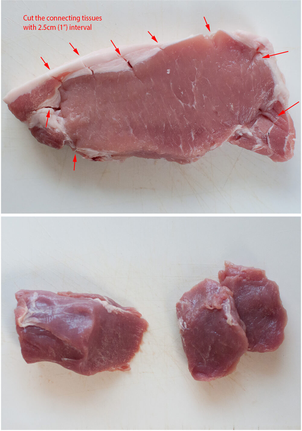 Deviding tissue in pork loin needs to be cut. Pork tenderloin can be sliced into large bite sizes.