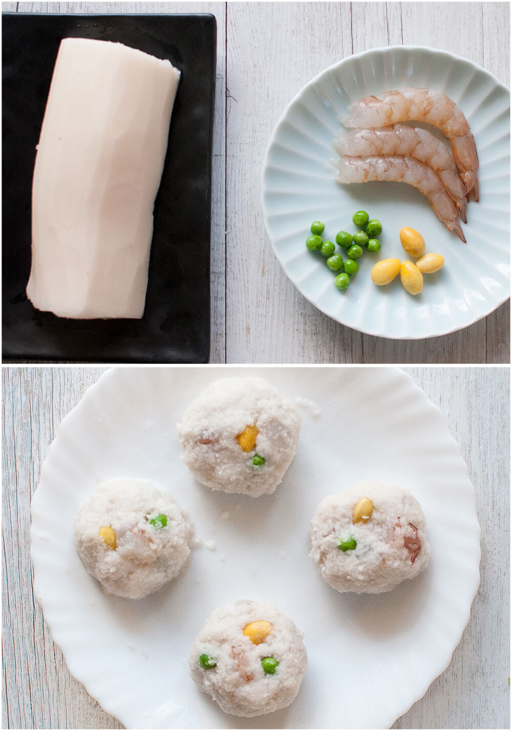 This is an elegant looking dish suitable as an appetiser or a side dish. Steamed lotus root balls are made of grated lotus roots mixed with prawns (shrimps), gingko nuts and green peas.