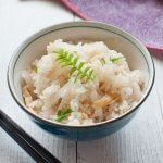 The combination of rice, daikon (white radish) and aburaage (fried thin tofu) in daikon gohan is just perfect. This is another mixed rice recipe similar to Shimeji Gohan (rice with Shimeji Mushrooms) but the soy sauce flavour of the rice is slightly stronger. Use konbu dashi stock to make it 100% vegetarian.