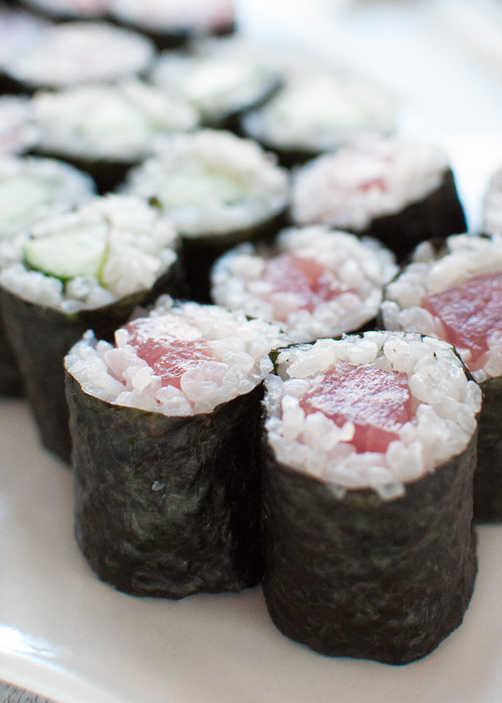 Sushi rolls are becoming a popular healthy take-away food in Australia. Most of them are made as large thick rolls, but the sushi rolls made at traditional sushi restaurants are thin, tiny rolls just perfect for finger food.