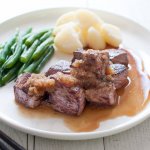 Bite-sized beef steak, Diced Beef Steak is a Japanese invention, easy to pick up with chopsticks. Both sauces are soy-based – one with wasabi flavour, the other one with grated onion, apple and garlic. It is so fast to cook!