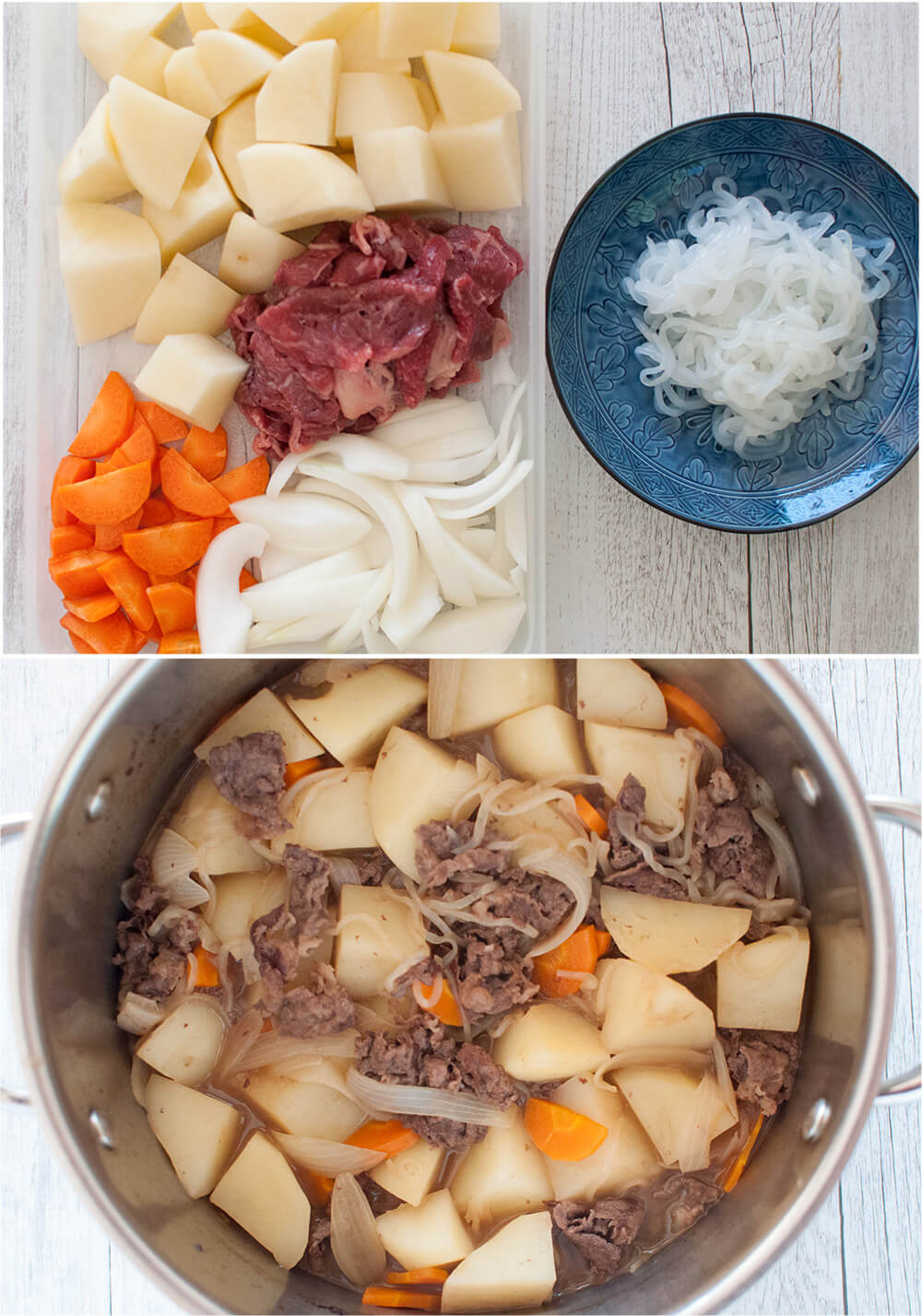 I call it stew but Japanese Meat and Potato Stew is nowhere near the Western style stew. The cooking liquid is based on the usual Japanese flavours of slightly sweetened soy sauce with dashi stock, but is not thickened.