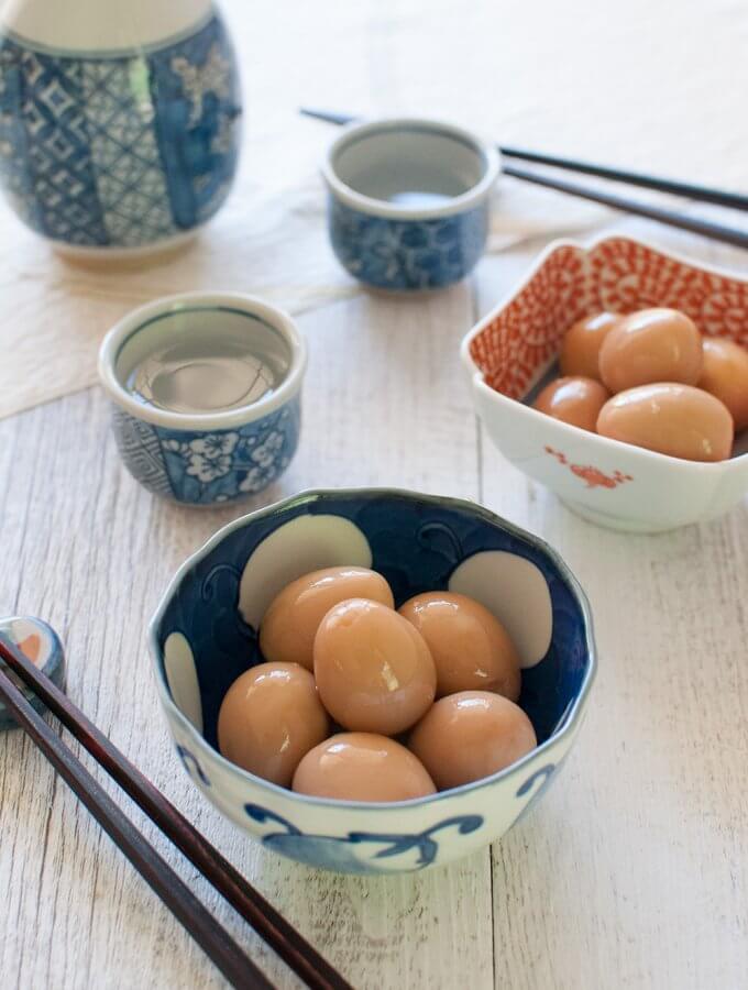Marinated quail eggs served in a small bowl as a starter, just like the way served at Izakaya.