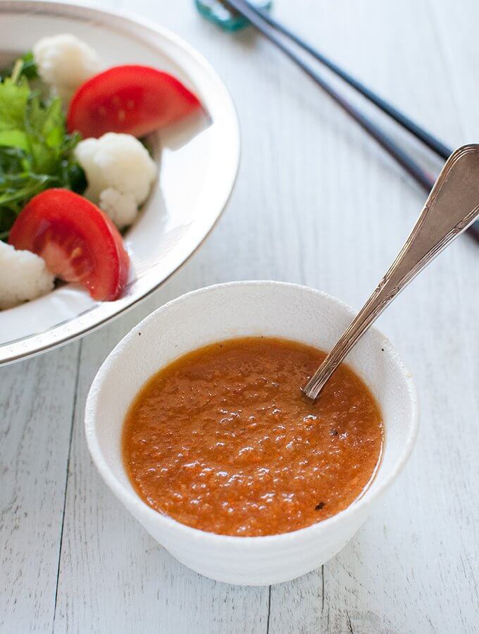 With a bright orange colour, Mixed Vegetable Salad Dressing is full of grated vegetables–it is 50% vegetables!