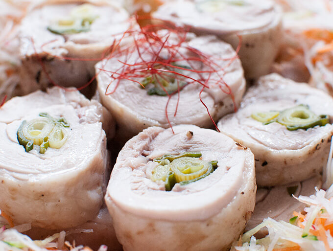 Zoomed in photo of Steamed Rolled Chicken .