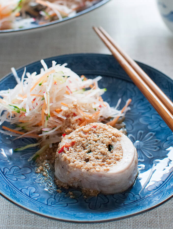 Steam Rolled Chicken with Soy Sesame Sauce.