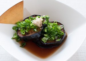 Deep fried eggplant made with large eggplant - disc shaped agedashi nasu.