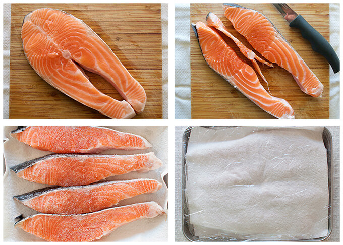 step-by-step image of salting salon fillets.