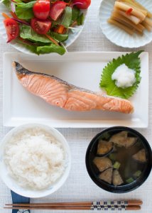 My breakfast that looks like salmon teishoku (set menu).