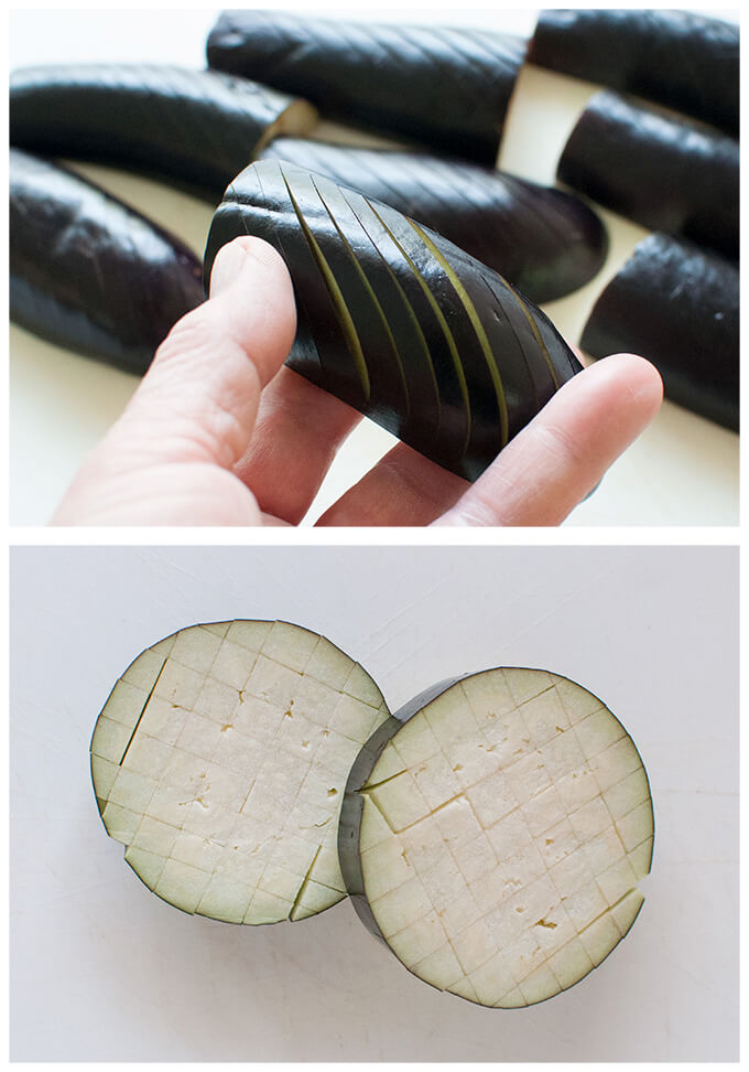 Two ways of scoring eggplants.