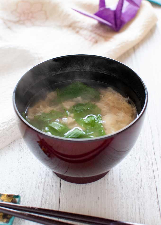 Japanese Style Egg Drop Soup in a traditional Japanese soup bowl.