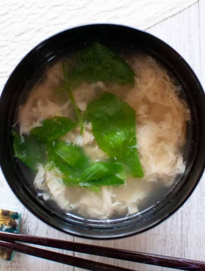 Top-down view of Japanese Style Egg Drop Soup.