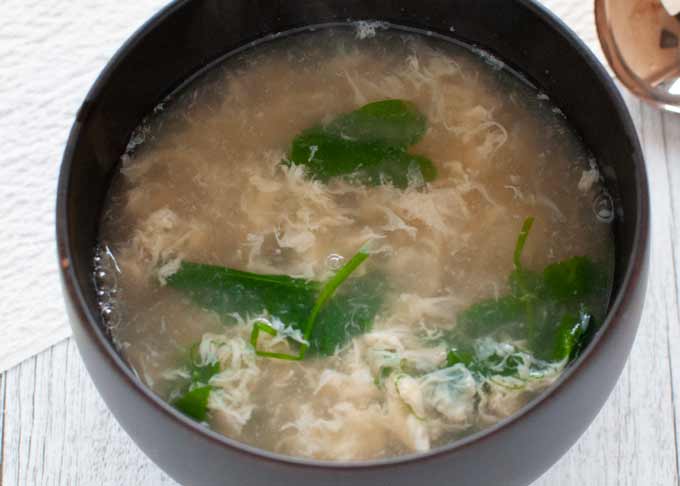 Japanese Style Egg Drop Soup served in a large soup bowl.