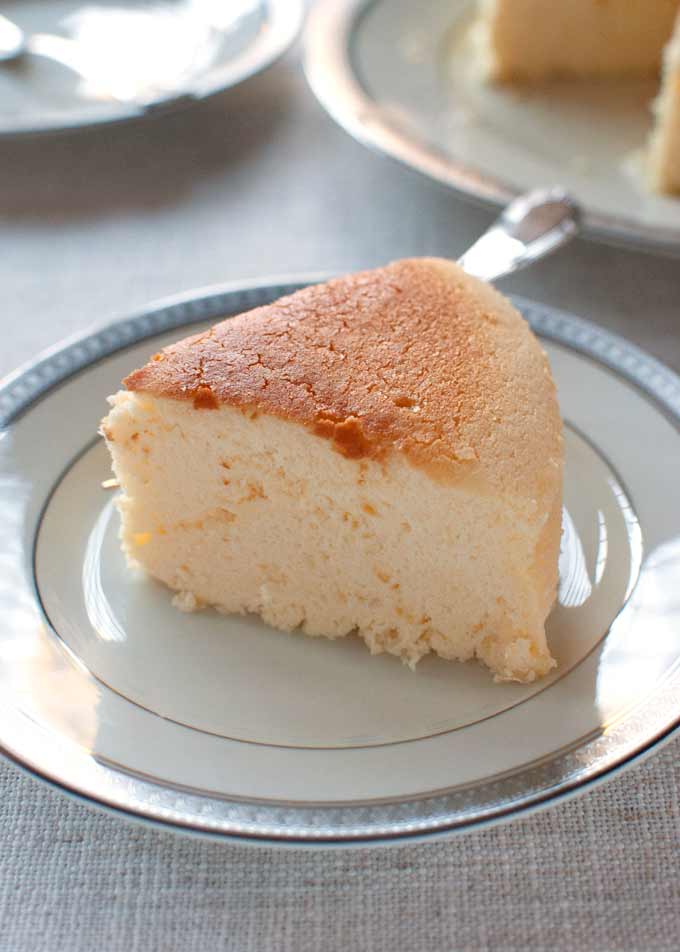 A slice of Japanese Cheesecake served on a plate.