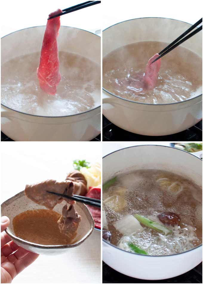Step-by-step photo of how to cook and eat a beef slice and cooking vegetables at the end.