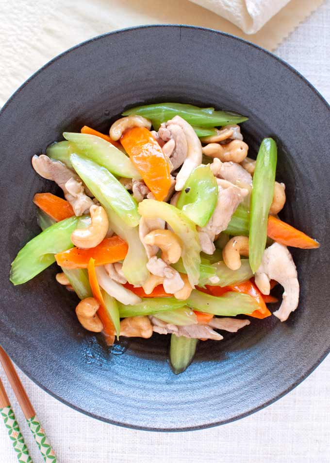 Top-down view of Chicken Stir Fry with Celery, Carrot and Cashew