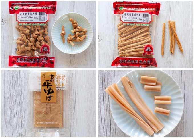Dried Tofu Skin (Yuba) in different forms.