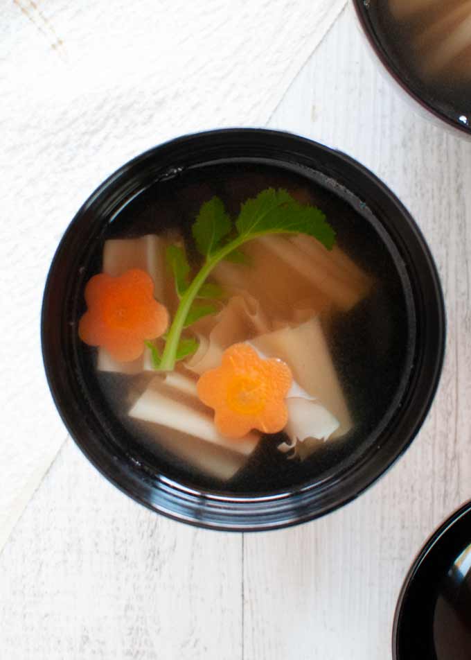 Top-down view of Dried Tofu Skin Soup - Clear Soup.