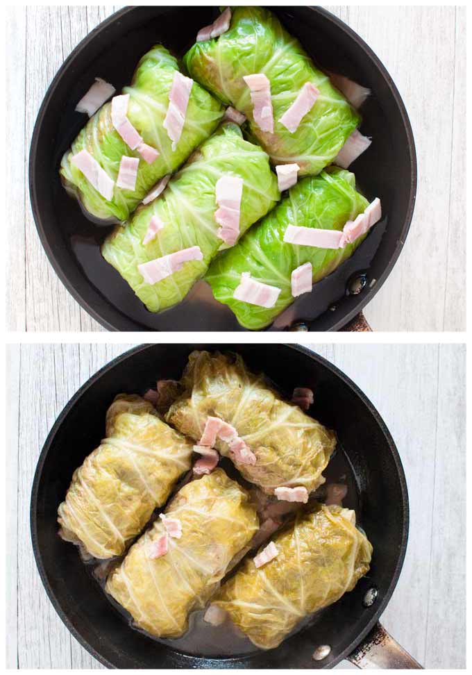 Cabbage rolls in a frying pan before and after cooking.