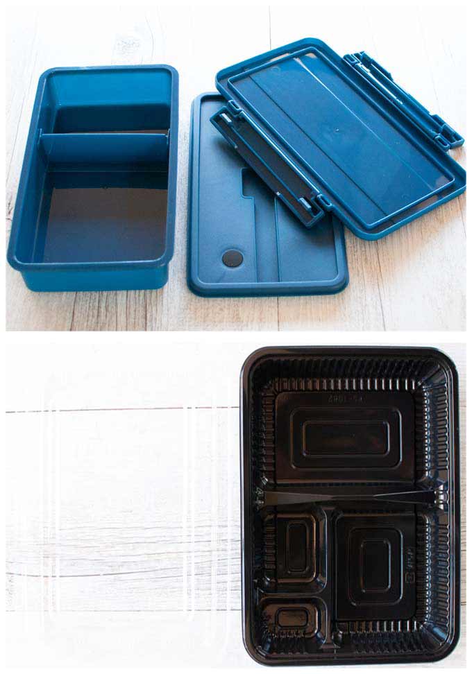 $4 bento box from Daiso and a disposable partitioned bento box.