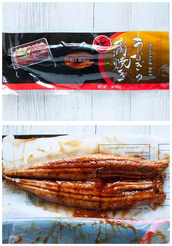 Japanese grilled eel - a frozen pack and the inside of the pack.