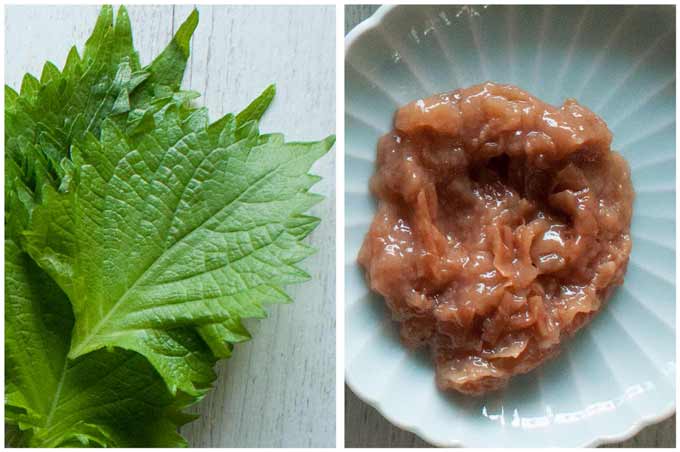 Phot of perilla leaves and pickled salty plum (umeboshi).