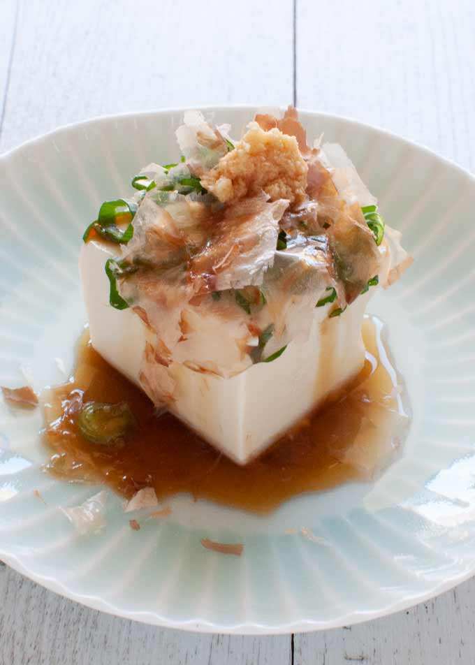 Chilled Tofu with Ginger, Shallots/Scallions and Bonito Flakes topping.
