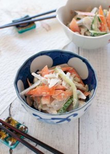 Root vegetables with Wasabi Mayonnaise served in small bowls as appetiser.