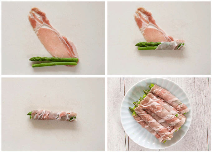 Step-by-step photo of rolling asparagus with a slice of pork.
