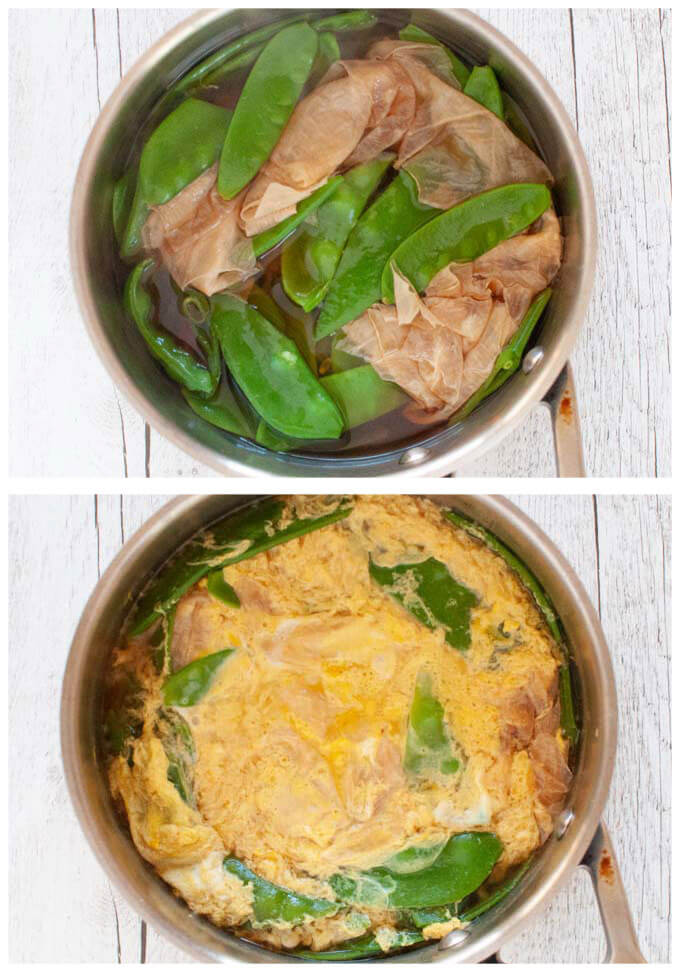 Photos of before and after adding eggs to the cooked vegetables to make Japanese Style Scrambled Eggs (Tamago Toji).