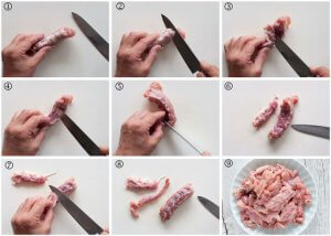 Step-by-step photo of how to remove meat from a chicken neck bone.