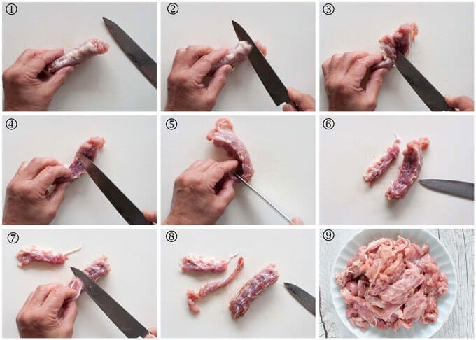 Step-by-step photo of how to remove meat from a chicken neck bone.