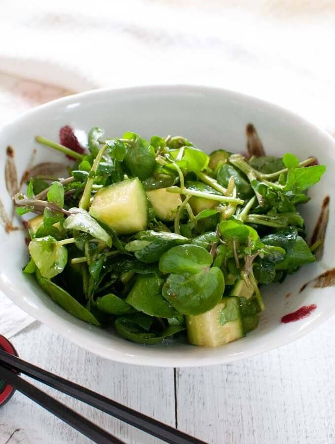 Watercress and cucumber salad dressed in Wasabi Dressing.