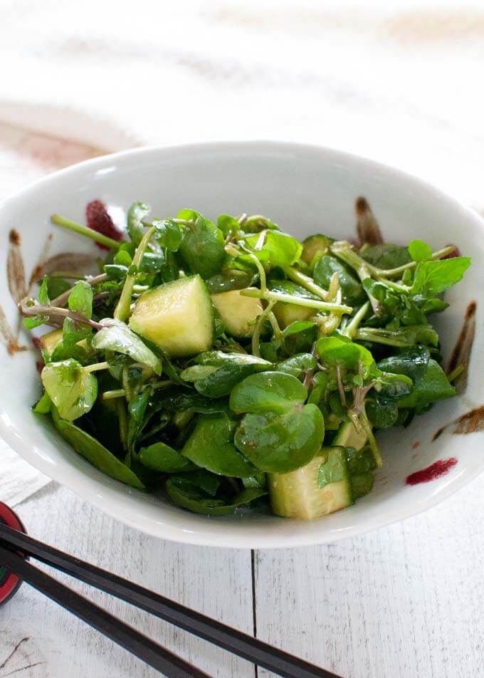 Watercress and cucumber salad dressed in Wasabi Dressing.