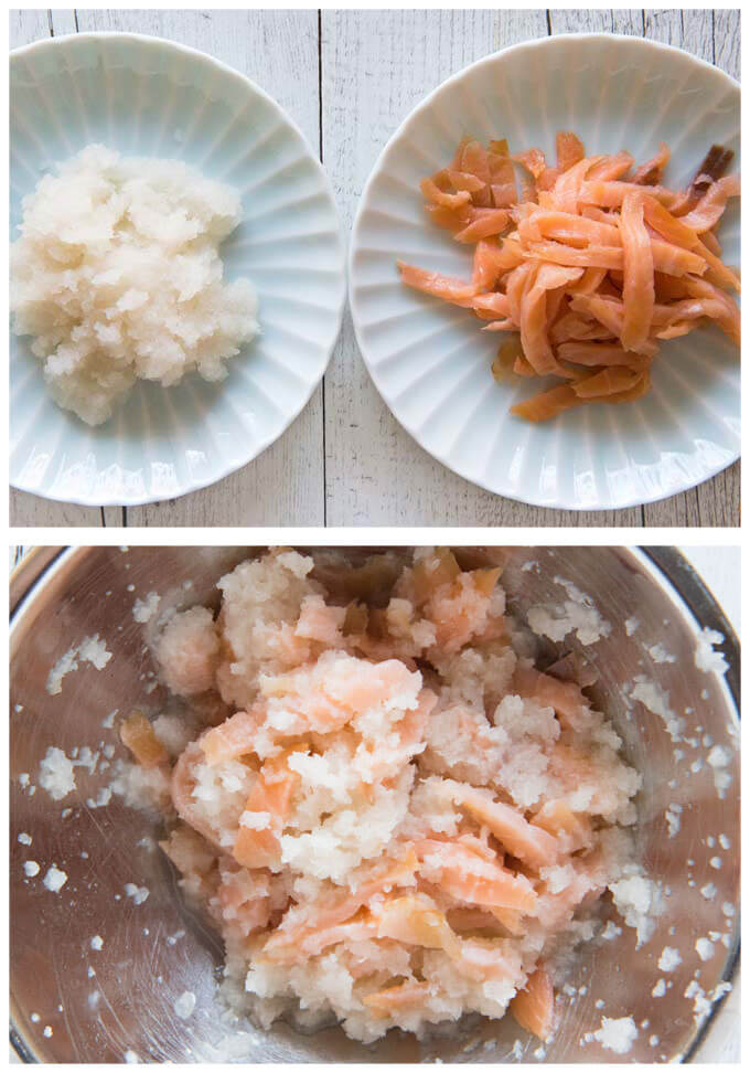 Ingredients of Smoked Salmon with Grated Daikon Dressing (Mizore-ae) and the photo of a bowl mixing the ingredients.