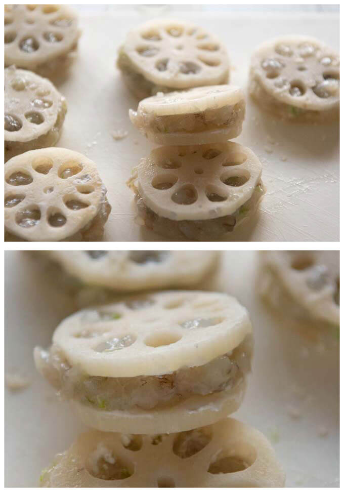 Lotus root and prawn sandwiches before deep frying.