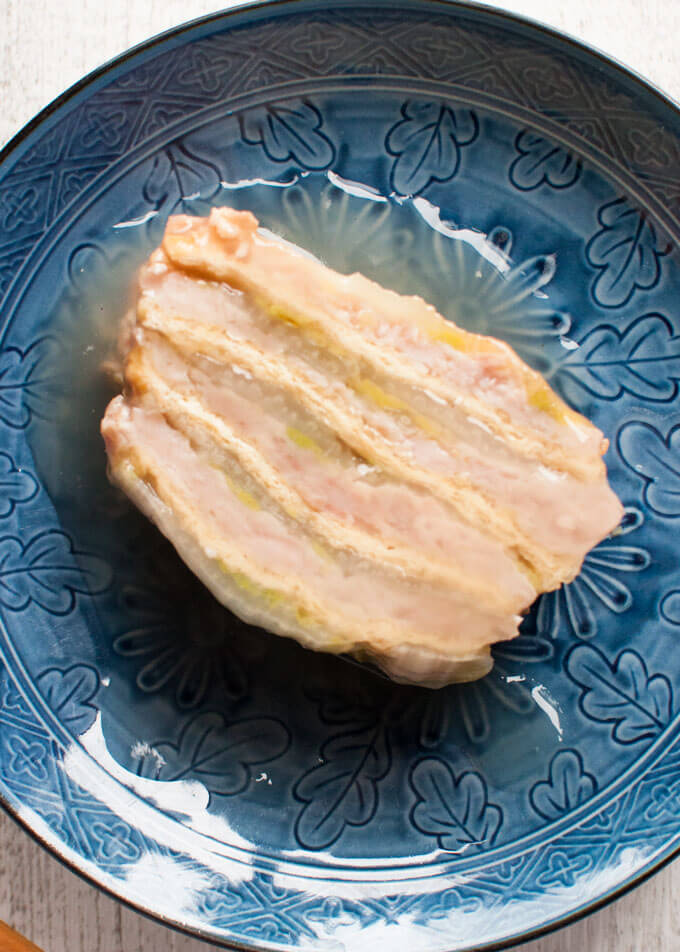 Top-down photo of Layered Chicken and Chinese Cabbage (Hakata-style Simmered Cabbage).