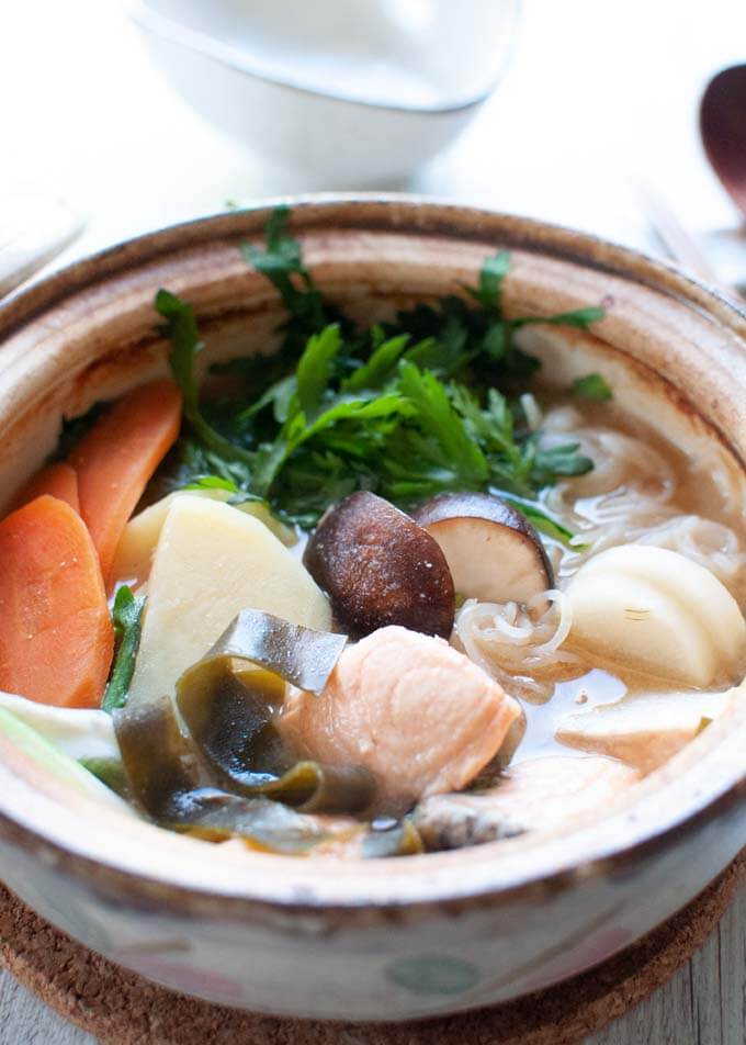 Hero shot of Ishikari Nabe in a donate (clay pot for cooking hot pot).